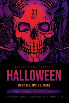 the poster for halloween music by dj masi and dj sound, featuring a skull with horns