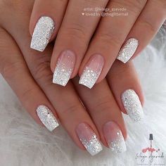 Silver Glitter Nails, Tapered Square Nails, White Glitter Nails, Ombre Nails Glitter, Valentine Nails, Silver Nail, Short Coffin Nails, Bride Nails, Nail Designs Glitter