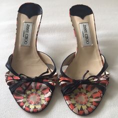 Jimmy Choo. Brown Leather Bow. Orange, Yellow, Blush And Brown Patterned Satin. Kitten Heel. Size 37.5. Strappy Mule Sandal. Made In Italy. Smoke Free. Pet Free. Gently Used. Well Cared For. Yellow Blush, Strappy Mules, Leather Bow, Mule Sandals, Leather Bows, Brown Sandals, Jimmy Choo Shoes, Kitten Heel, Brown Orange