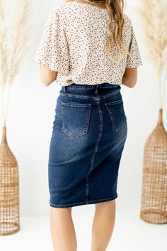 Trends come and go but denim remains a wardrobe staple! Crafted from a comfortable stretch denim in a timeless wash, the Wren will be your new go to skirt! The details include a traditional button and fly closure and functional pockets. And the very best part - this modest denim skirt comes in three lengths for you to choose from! Exclusively designed by us for you. 95% Cotton 5% Spandex Wash Cold Gentle Cycle Hang to Dry Low Iron if Needed Model A Height 5'5" | Wearing Size 2 - 23" Length Model Medium Wash Denim Skirt For Fall, Fall Medium Wash Denim Skirt, Dark Wash Mid-rise Denim Skirt, Mid-rise Dark Wash Denim Skirt, Modest Denim Skirts, You're Doing Great, Cute Modest Outfits, Skirts And Dresses, God Loves You