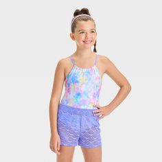 Your kid will be excited for watery adventures at the beach or pool while wearing the Water Tie-Dye Design One-Piece Swimsuit Set from Cat & Jack™. This two-piece swimwear set includes a one-piece swimsuit and crochet cover-up shorts for a perfect look. The swimsuit features crisscross straps on the back with allover tie-dye print for colorful appeal. Tailored from recycled polyester and stretchy spandex with a full lining, this two-piece swimsuit set offers comfort all the time, whether they're Tie Dye Swimsuit, Crochet Cover, Crochet Cover Up, Girls Tie, Two Piece Swimwear, Swimwear Sets, Tie Dye Designs, Swimsuit Set, Kids Outfits Girls