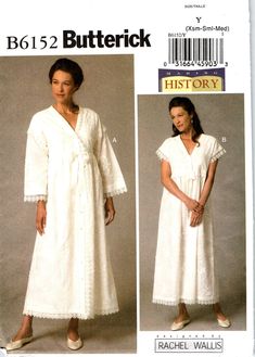 Victorian nightgown and robe costume sewing pattern  by designer racchel wallis size - xs (4-6), s (8-10), m (12-14) women ladies misses teen original butterick b6152 (not pdf) c 2014 very loose-fitting robe and nightgown have stitched hems and front button closing.  purchased trim and ribbon tie.  view a:  dropped shoulders and mock bands.  view b is a pullover, lined bodice and continuous lap. great pattern for stage plays - shakespeare theatre! patter is uncut with factory folds. Pattern For Sewing, Southern Preppy, Victorian Nightgown, Costume Sewing Patterns, Preppy Southern, Butterick Sewing Pattern, Costume Patterns, Historical Costume, Victorian Style