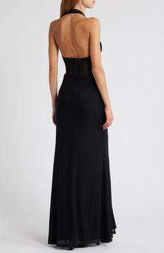 Turn heads in this sultry night-out gown designed in a sleek halter silhouette with a mesh bodice and structured boning. Halter neck Lined 95% nylon, 5% spandex Hand wash, line dry Imported Black Halter Neck Dress, Halter Gown, Halter Neck Dress, Black Halter, Halterneck Dress, Classy Dress, Halter Neck, What To Wear, Bodice