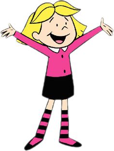 a cartoon girl in pink and black with her arms spread out to the side, smiling