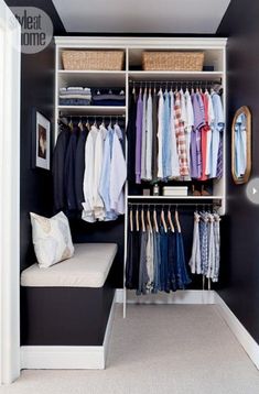 an organized closet with clothes, shoes and other items in it's storage area