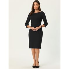 This dress can be a perfect addition to almost any outfit from formal to daily wear, great for work, meeting, office, businesses, work, party, cocktail, wedding, casual, daily dressing, etc. Pair with delicate necklace and heels for a chic office look. Comfortable and classic, this sheath dress is perfect on its own or as a layer under a blazer or jacket. Long Sleeve Bodycon Office Dress, Office Lady Long Sleeve Bodycon Dress, Long Sleeve Bodycon Dress For Work, Dressy Sheath Bodycon Dress For Formal Occasions, Office Lady Sheath Bodycon Dress For Evening, Formal Sheath Bodycon Dress, Solid Color Half Sleeve Formal Dress, Tailored Midi Dress For Office, Dressy Fitted Bodycon Dress For Office