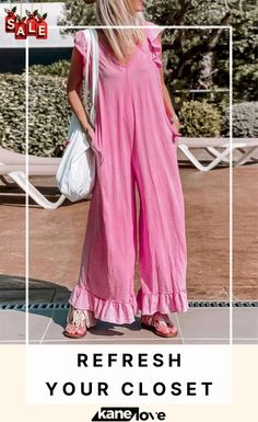 Fashion Casual V-neck Ruffled Jumpsuit for Women Summer Ruffles One-piece Jumpsuits And Rompers, Summer Ruffled One-piece Jumpsuits And Rompers, Summer Ruffle Jumpsuits And Rompers, Casual Summer Jumpsuits And Rompers With Ruffles, Summer One-piece Jumpsuits And Rompers With Ruffles, Spring Beach Jumpsuits And Rompers With Ruffles, Solid Color One-piece Jumpsuits For Summer, Feminine V-neck Jumpsuits And Rompers, Chic Beach Jumpsuits And Rompers With Ruffles