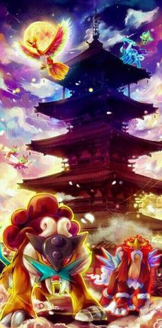 an image of some cartoon characters in front of a pagoda