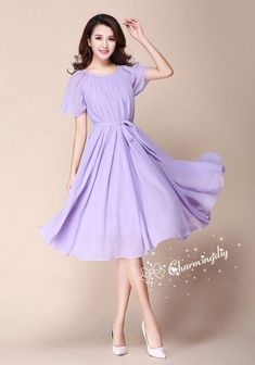 Chiffon Lavender Light Purple Short Sleeve Knee Skirt Party Dress Evening Wedding Lightweight Sundress Summer Holiday Beach Dress Bridesmaid Dress Skirt Detail Info: ❤ Color: Lavender More color choice: https://www.etsy.com/listing/213656440/chiffon-dress-color-card? Please note the color you want with your order. ❤ Material: Chiffon ❤The dress doesn't limit the chest size and waitst size, arm hole 45cm (if your upper arm circle circumference is more than 40cm, please not your size with order, w Modest Purple Dress, Pastel Purple Dress, Light Purple Bridesmaid Dresses, Purple Dress Outfits, Purple Dress Casual, Purple Dresses Formal, Purple Summer Dress, Light Purple Dress, Sundress Summer