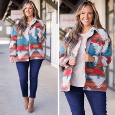 This fun shacket is the perfect layering piece for the season! Featuring an on-trend Aztec pattern and bold teal color, this piece will make a statement in any outfit! Look good and stay warm all year round! 100% Polyester Get Back Up, Outfit Look, Aztec Pattern, Teal Color, Model Fits, Teal Colors, Layering Pieces, Get Back, Affordable Fashion