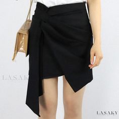 Lasaky - High-waisted Irregular Hem Skirt with Trendy Tie-up Detail and Body-hugging Fit Fitted Asymmetrical Bottoms For Office, Elegant Non-stretch Asymmetrical Skirt, Fitted Asymmetrical Office Bottoms, Asymmetrical Solid Bottoms For Work, Asymmetrical Solid Bottoms For Workwear, Black Asymmetrical Hem Mini Skirt For Work, Fitted Bottoms With Asymmetrical Hem For Office, Black Asymmetrical Mini Skirt For Summer, Black Mini Skirt With Asymmetrical Hem For Summer