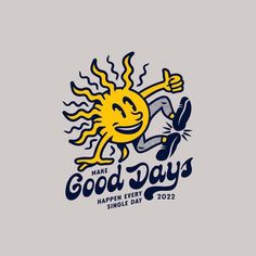 the logo for good days is shown in blue and yellow, with an image of a smiling sun