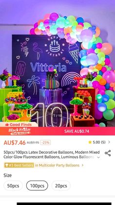 an image of a birthday party with balloons on the wall and neon lights in the background