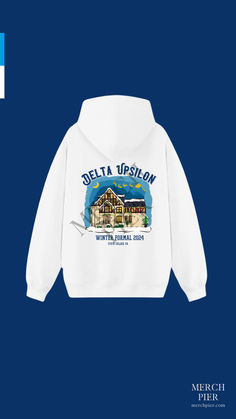 a white hoodie with the words delta upsiloon written on it and an image of a house