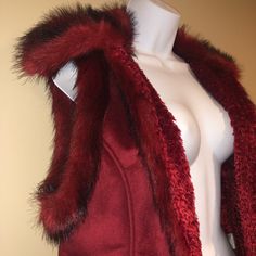 Soft Fuzzy Interior Red Outerwear With Faux Fur Trim For Cold Weather, Red Fitted Outerwear With Faux Fur Trim, Fitted Red Outerwear With Faux Fur Trim, Red Fur Coat With Faux Fur Trim For Winter, Red Faux Fur Vest, Fur Shawl Red, Red Fur Coat With Faux Fur Trim, Chic Red Faux Fur Outerwear, Suede Vest