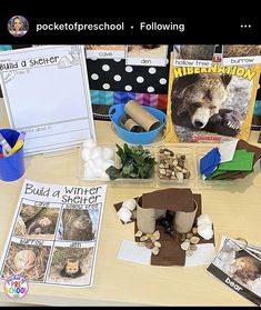 a table topped with lots of pictures and papers on it's side, including an animal house