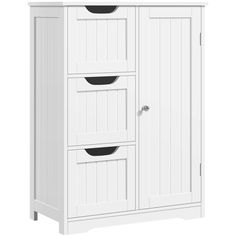 a white cabinet with two doors and three drawers on the bottom shelf is shown in front of a white background