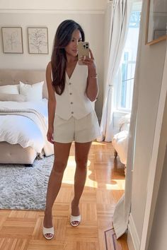 PESCI VEST curated on LTK White Vest And Shorts Outfit, White Short Outfit, Vest And Shorts Outfit, White Shorts Outfit, White Vest, Style Vest, Shorts Outfit, Vest White