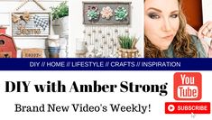 a woman is standing in front of a wall with pictures on it and the words diy with amber strong's brand new video weekly