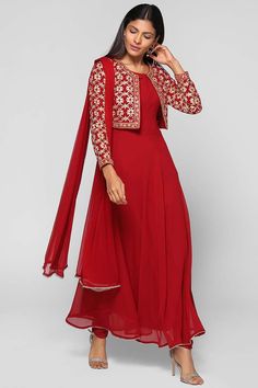 Zari Embroidered Short Jacket Suit - Suits - Clothing - Women Red Anarkali Suits Wedding, Suit Designs Indian Style, Suits For Women Indian, 50 Blouse Designs, Sharara Designs, Beautiful Casual Dresses, Indian Dresses Traditional, Kurti Designs Party Wear