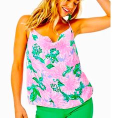 A Great Lilly Staple For Your Wardrobe! We Are This With White Jeans Or Shorts And You Have A Happy Outfit For Sure! Bobbie Top Camisole With Adjustable Straps. Slight Drop Neck Lined Top Pink Camisole For Spring Brunch, Pink Camisole For Brunch In Spring, Pink Summer Vacation Camisole, Feminine Spring Camisole, Feminine Pink Camisole For Brunch, Feminine Camisole For Spring, Feminine Beach Camisole With Floral Print, Feminine Pink Camisole For Vacation, Spring Pink Floral Print Camisole