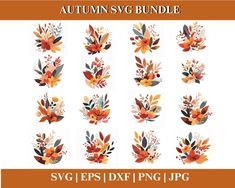 the autumn svg bundle includes leaves, flowers and other decorative elements for your project