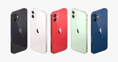 four different colored iphones are shown in the same color and size, one is red, white, blue, green