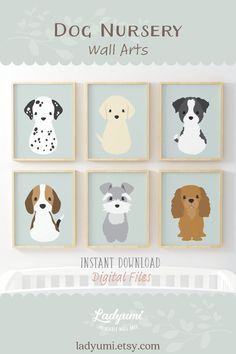 the dog nursery wall art printables are available in multiple sizes and colors to choose from