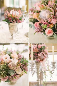 several pictures of flowers in vases and candles