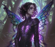 a woman dressed in black and purple with butterfly wings