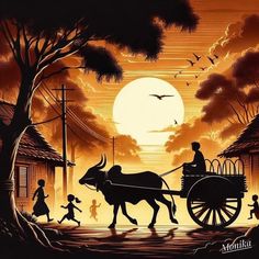 a painting of people riding on a cart pulled by a cow in front of a sunset