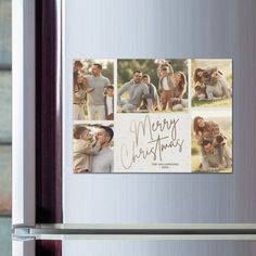 a christmas card is hanging on the side of a refrigerator freezer with four photos