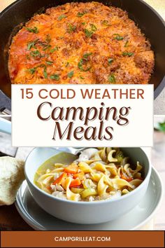 These 15 cozy cold weather camping meals include plenty of hearty and satisfying camping food ideas to keep you warm and your belly full on your fall or winter camping trips. Choose from soups, stews, hot drinks, warm desserts, and more! Best Camp Meals, Campout Food Ideas, Camping Meals For Groups, Cabin Meals For Two, Cabin Meal Ideas, Cold Weather Camping Meals, Fall Camping Food Ideas, Camping Vegetarian Meals, Easy Rv Camping Meals