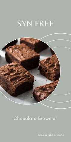 chocolate brownies on a plate with the words synfree in white and gray above it