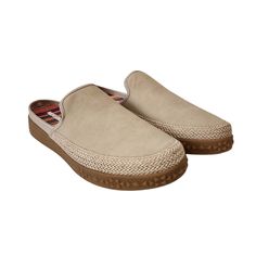 New With Tags Casual Slip-on Mules With Woven Sole, Casual Slip-on Clogs With Textured Sole, Casual Slip-on Clogs With Rubber Sole, Comfortable Closed Toe Clogs With Woven Sole, Casual Synthetic Slippers With Woven Sole, Casual Slip-on Slippers With Woven Sole, Comfortable Beige Leather Clogs, Casual Beige Slip-on Mules, Casual Beige Leather Clogs