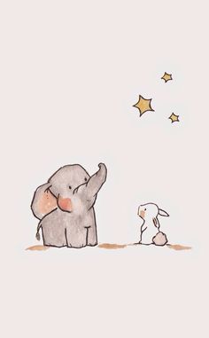 an elephant standing next to a small white dog on a field with stars in the sky