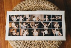 an open photo book with pictures of people on it sitting next to a woven basket