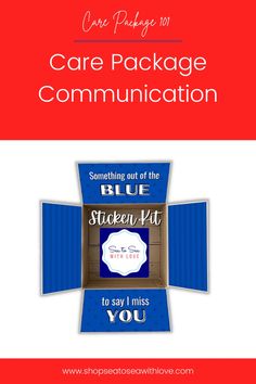 the blue sticker kit for care package communication is shown in red, white and blue