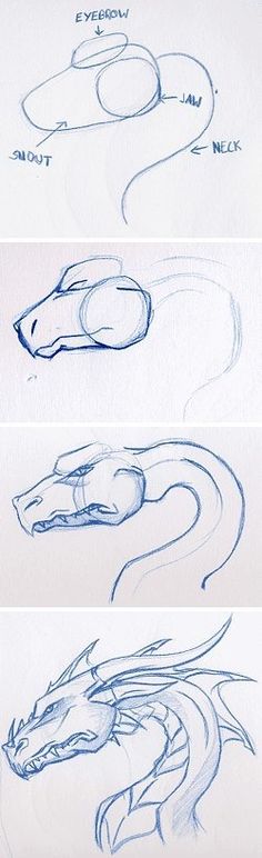 three different stages of how to draw a dragon