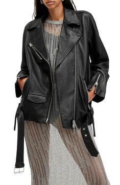 Rock a classically cool look with this buttery-soft leather moto jacket featuring silvertone hardware and a buckle belt to adjust the fit. 27" length (size Medium) Asymmetrical front-zip closure Notch lapels Zip cuffs Front zip pockets Epaulets Buckle belt Leather Professional leather clean Imported Belted Black Biker Jacket For Spring, Spring Black Belted Biker Jacket, Moto Outerwear With Belt Loops For Fall, Fall Moto Biker Jacket With Belt Loops, Spring Leather Belted Biker Jacket, Spring Biker Leather Jacket With Belt Loops, Biker Leather Jacket With Belt Loops For Spring, Moto Style Belted Workwear Outerwear, Moto Style Belted Outerwear For Work