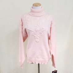 Vintage Chinawear By Morsy Turtleneck Sweater. Deadstock, Meaning New With Tags Vintage, Nwt. Pretty Light Baby Pink Acrylic Knit. Embroidered With Floral Design In The Same Color For An Embossed Look. Ribbed Trim. Long Sleeves. Size Large. New With Tags, Nwt. The Interior Brand Label's Stitching Has Come Loose On One Side. Fitted Winter Sweater With Floral Embroidery, Elegant Floral Embroidered Tops For Winter, Fitted Floral Embroidery Tops For Winter, Elegant Embroidered Winter Tops, Baby Pink Acrylic, Baby Pink Acrylics, Floral Turtleneck, Light Baby Pink, Boiled Wool Jacket