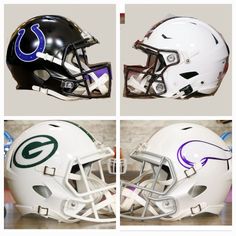 three helmets with different logos on them