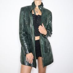 Vintage 90s Jade Patina Leather Jacket (Large) Edgy Fits, Green Leather Jackets, Trench Coat Outfit, Broken Zipper, Long Trench, Long Trench Coat, Vintage Leather Jacket, Coat Outfits, Outfit Inspo Fall