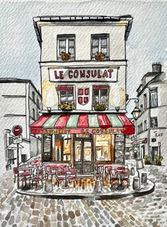 a drawing of a restaurant with red and white awnings