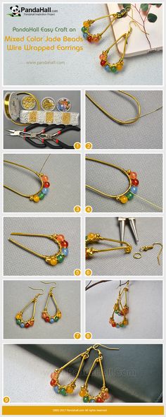 the instructions for how to make beaded earrings with beads and wire, including gold plated