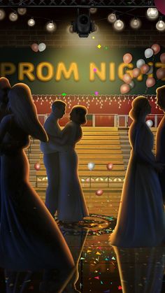 a group of people standing in front of a prom night sign with confetti all around them