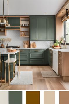 a kitchen with green cabinets and white counter tops in the center is an area rug that matches