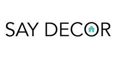 the say decor logo is shown in black and white, with a green house on it