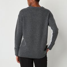 You'll get double the style with this women's two-tone sweater from Worthington. Cut in an oversized silhouette, this pullover is made from soft, stretch cotton-knit with a crew neckline, drop shoulders, long sleeves, and ribbed trims. Wear it with a leggings or jeans with knee-high boots.Closure Type: Pullover HeadFit: Modern FitNeckline: Crew NeckSleeve Length: Long SleeveSleeve Style: Drop-Shoulder SleeveApparel Length: 27 InchesFiber Content: 93% Polyester, 4% Nylon, 3% SpandexFabric Descri… Large Sweaters, Long Sleeve Pullover Sweater, Oversized Silhouette, Green Sweater, Cotton Knit, Long Sleeve Pullover, High Boots, Knee High Boots, Pullover Sweater