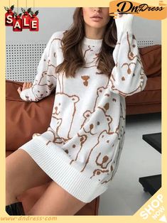 Adorable Animal Print Round Neck Loose Knit Pullover Sweeter Sweater Loose Knit, Knit Pullover, Printed Sleeves, Knitted Pullover, Sweater Sizes, Winter Fashion, Animal Print, Round Neck, Cute Animals